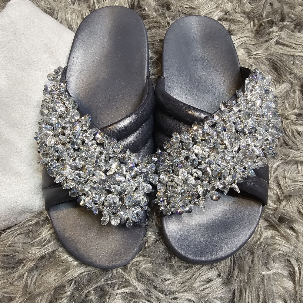 Tory Burch Logan Crystal Embellished Leather Slides in Blue - Women's NWOT sz. 9